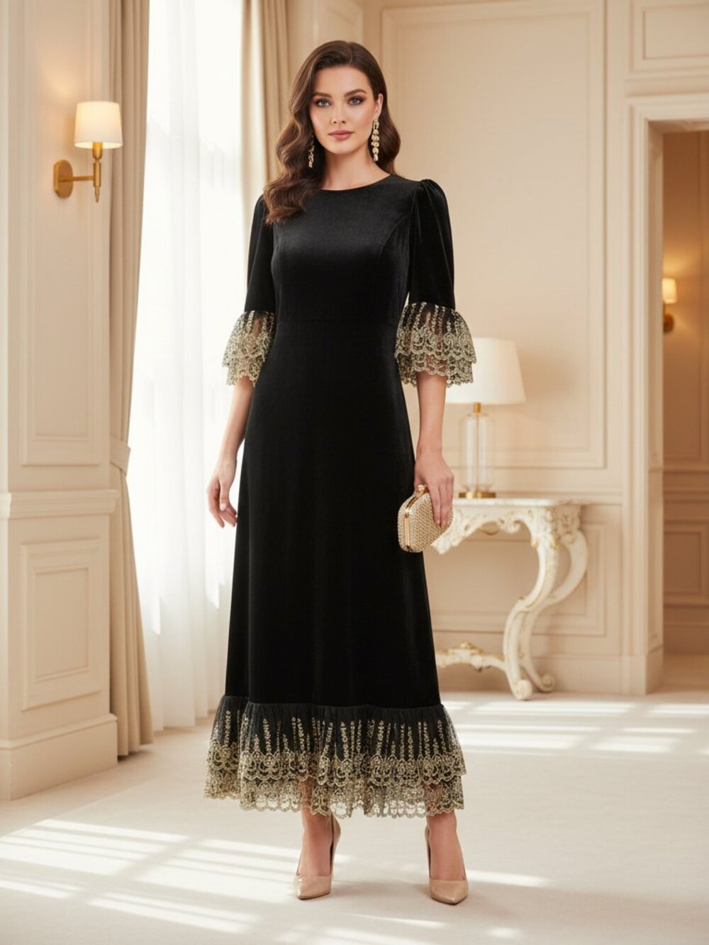 Pomander Place Lillith Velvet Dress Black Gold NWT Medium Holiday Party